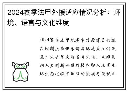 2024赛季法甲外援适应情况分析：环境、语言与文化维度