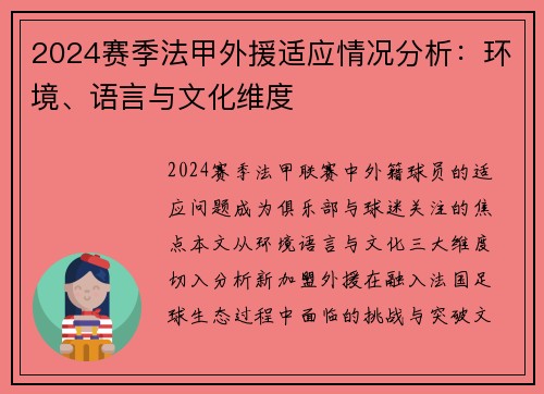2024赛季法甲外援适应情况分析：环境、语言与文化维度